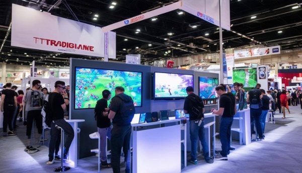 A booth at a trading event with a screen showing games-1